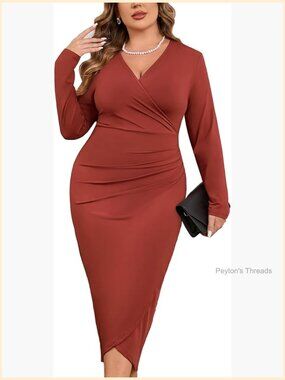 Plus Size Wrap Cocktail Dress V Neck Long Sleeves Midi Bodycon Dress
